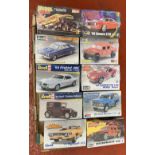 10 x 1:24 and 1:25 scale plastic model kits, all cars and trucks by Revell and Monogram. Sealed.