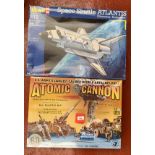 Two large plastic model kits: Renwal Blueprint Models 85-7811 Atomic Cannon 1:32 scale;