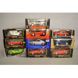 10 x assorted 1:18 scale diecast models by Bburago, Corgi and Revell. Boxed and VG.