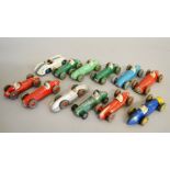 Twelve unboxed Dinky Toys diecast Racing Car models, with varying degrees of play wear,