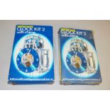 Two boxed Meccano 'Clock Kit 2 with Chime', one retaining partial shrink wrapping,