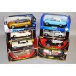 Eight 1:18 scale diecast models, mostly cars, by Maisto, Solido, Road Signature and Revell. Boxed.