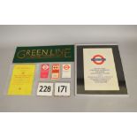 A selection of London Transport related items including a framed original Carriage Card removed