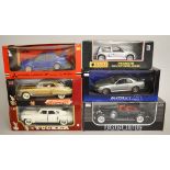 Six 1:18 scale diecast model cars by Anson, Road Legends, Eagle Collectibles and similar,