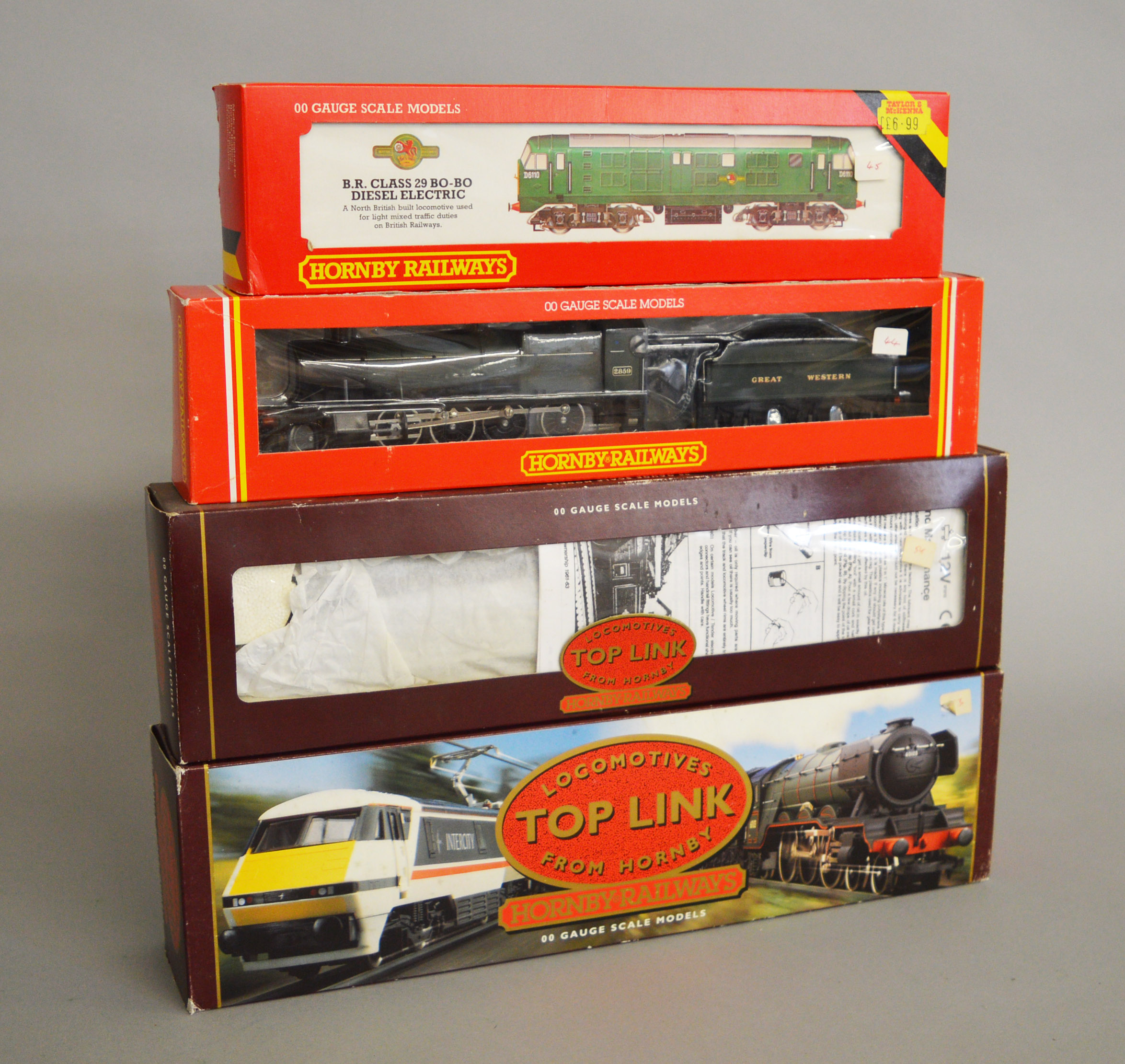 OO gauge, four Hornby Locomotives: diesel R.080 D6110 BR green; R.532 2-8-0 GWR black '2859'; R.