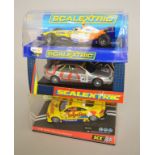 Three slot cars: Scalextric C2002 Audi A4; Scalextric C2864 Renault F1 2008; SCX 60820 Audi TT-R.