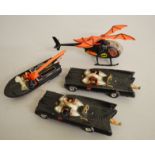 Corgi 'Batman' diecast vehicles: two Batmobiles, one including Batman and Robin; Batcopter; Batboat.