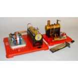 Two unboxed Mamod Stationary Steam Engines, one single and the other double drive,