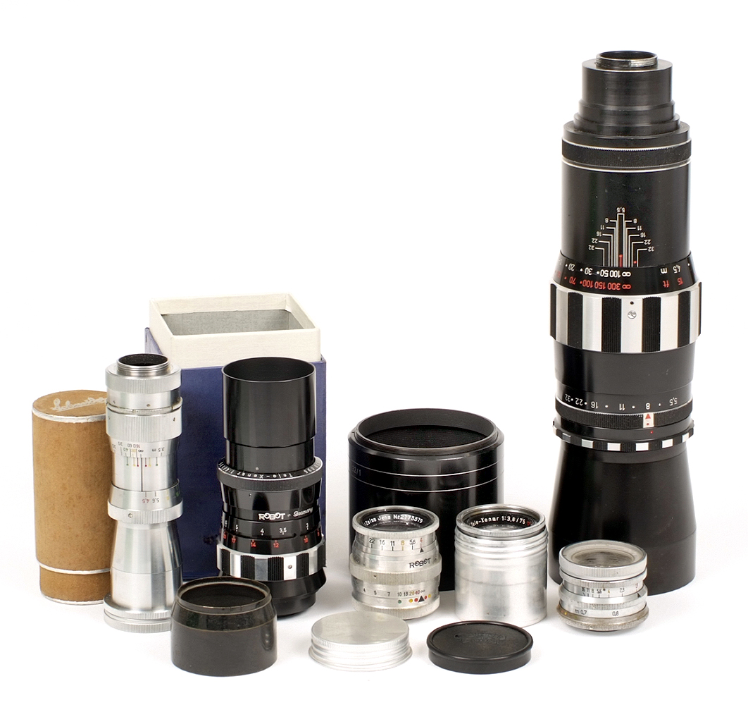 A Collection of Robot Cameras Lenses. To include Tele-Aenar 75mm f3.8 lens, Sonnar 7.