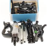 Box of Small Tripods, inc. Table-top Models. Also B&S heads, grips, etc.