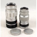 Two Leica Telephoto Lenses. Elmar 9cm f4 L39 mount lens #1498843 (condition 5F), with caps.