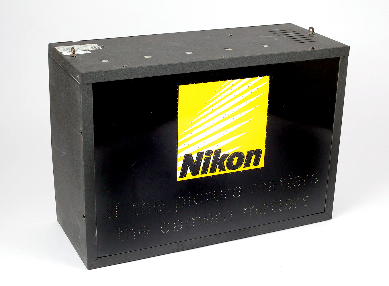 Large, Illuminated Nikon Sign. Approx 50cm x 45cm x 20cm. 110v so unable to test.