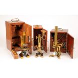 Three Good Brass Microscopes. Comprising Beck #27381, Leitz 50478 by Baker and J.