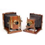 Two Brass & Mahogany Half Plate Field Cameras. Sanderson Patent Field camera #1.