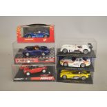 Six slot cars; Ninco 50275 Mini Cooper; Cartrix 0202A Porsche Boxster; Ninco Supercup;