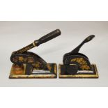 2 Victorian hand letter presses with black lacquer and gilded designs.