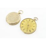 A key-wind fob watch stamped 18k, enamel on dial shows signs of wear, glass is missing, working,