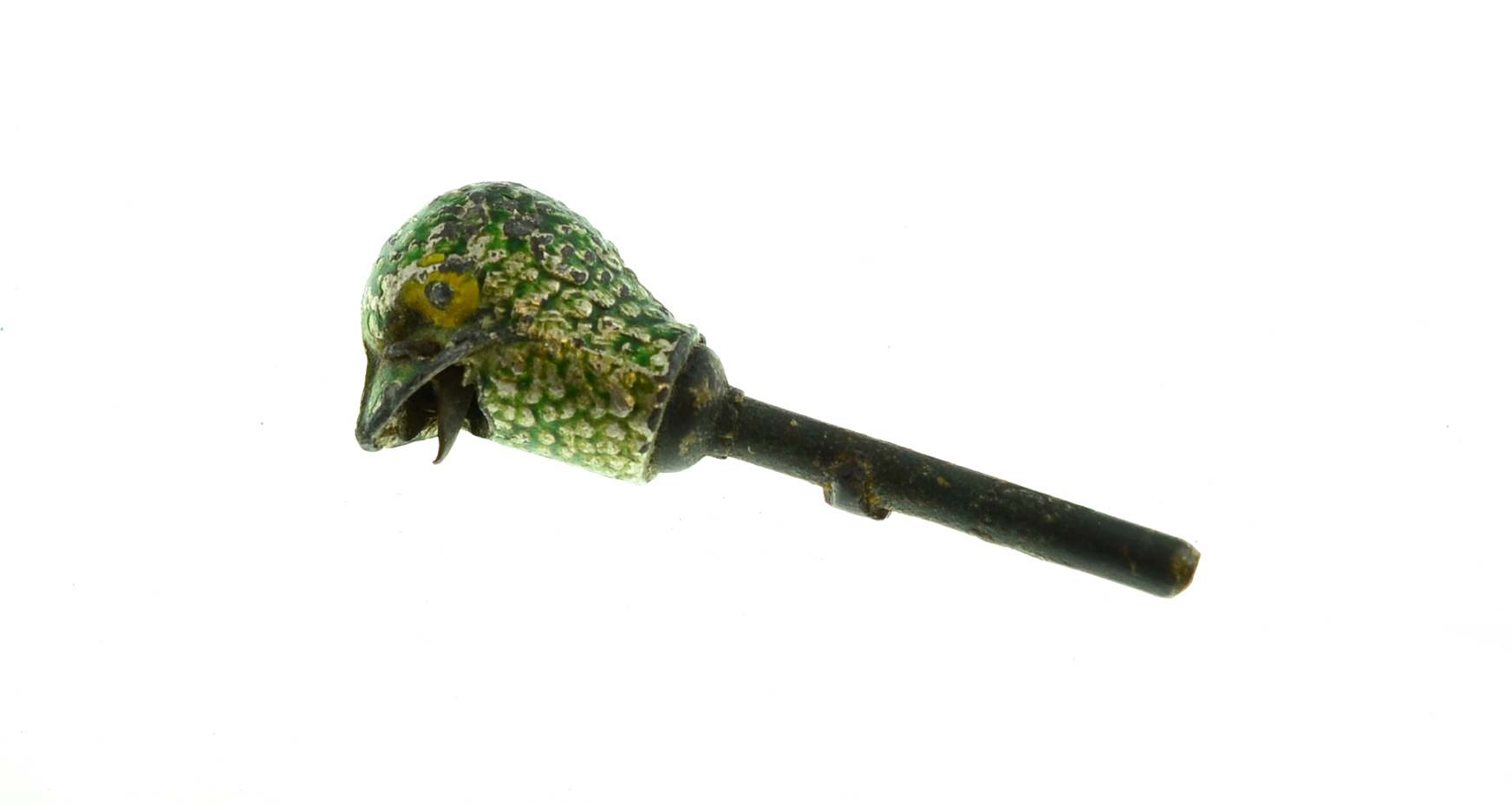 A novelty painted bird watch key (paint is worn)