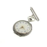 A continental silver decorated top-wind fob watch, stamped 935, uncracked clean enamel dial,
