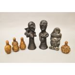 Four Chinese scent/snuff bottles together with a pair of ethnic moulded figures from Benin and one
