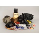 Nikon F-301 camera plus a selection of camera accessories, bags etc.