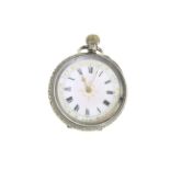A decorated European silver top-wind fob watch, uncracked enamel dial,