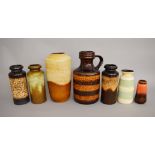 7 West German vases of varying sizes and colours.