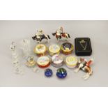 Mixed lot of Bilston Enamel pill boxes, Swarovski crystal ornaments etc.