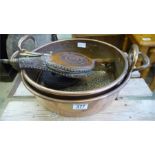 2 antique copper jam pans, copper tray, bellows etc.