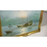 Large oil of boats at anchor in gilt frame