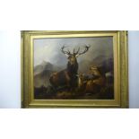 A large oil on canvas signed to lower left, W H Morris, 1864 of an impressive stag, doe and fawns in