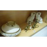 A pair of Staffordshire dogs, a pair of brass candle holders and 2 vintage ceiling lights
