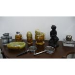 A small collection of onyx items, pewter measures, inkwell and a resin figure