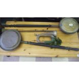 A hunting horn, a bugle and warming pans etc