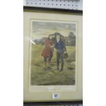 A coloured engraving entitled "The First Tee" by Walter Dendy Sadler