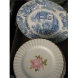 A blue and white warming plate ( restored) along with some Meakin plates