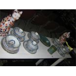 A Cloisonne jar and cover, a dish, a pair of Imari style cats and Chinese bowls and lids