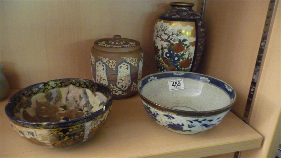 2 pieces of Satsuma, an Oriental bowl and a Doulton Lambeth biscuit barrel