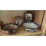 2 pieces of Satsuma, an Oriental bowl and a Doulton Lambeth biscuit barrel