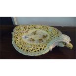 A Zsolnay bird shaped dish with reticulated design, decorated with floral pattern - the handle in