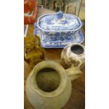 A blue and white transfer printed tureen A/F ( lid not matching), meat plate A/F, glass vase, jug