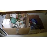 A collection of various china, glass, including a Royal Doulton cat etc in two boxes