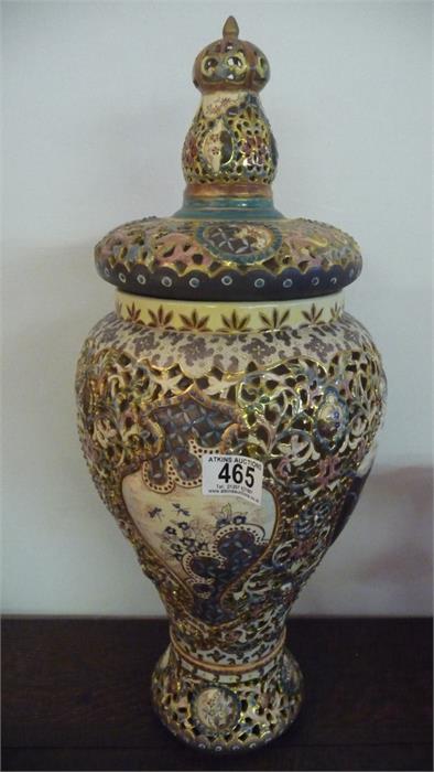 A large Fischer reticulated vase with lid- restoration to lid- 53cm