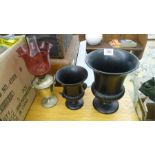 2 Wedgwood black basalt vases and an oil lamp