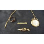 A 9 ct gold ring, two 9ct brooches and a 9 ct gold chain with a gilt locket- approx weight of gold