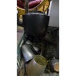 A quantity of metal ware including large kettle and carbide lamps etc