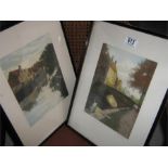 A pair of engravings of river scenes signed Fred Leve