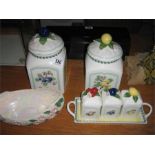 2 Villeroy & Boch storage jars with matching preserve pots, along with a Maling lustre bowl