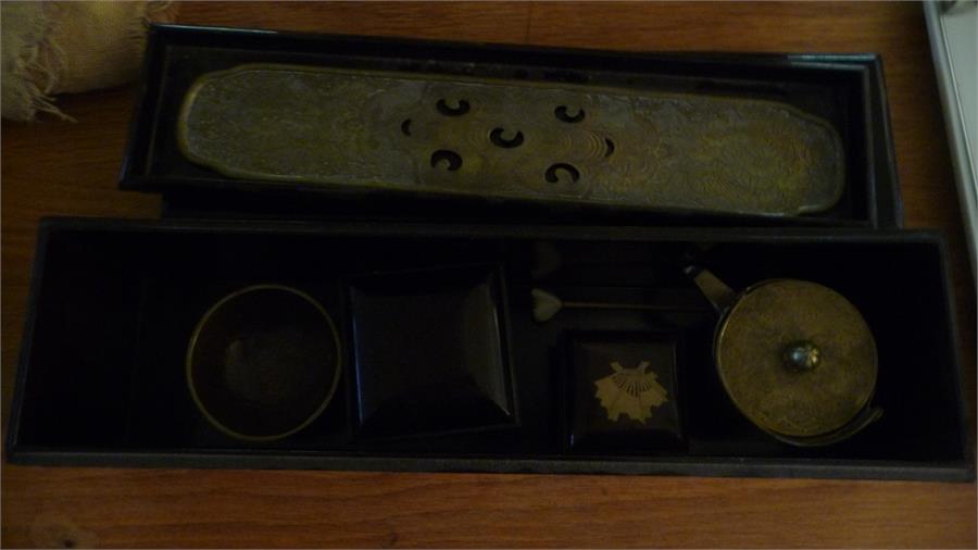 A Japanese"Ohaguro" set in brass and lacquer ( teeth blackening kit)- slight damage to box