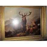 A large oil on canvas signed to lower left, W H Morris, 1864 of an impressive stag, doe and fawns in